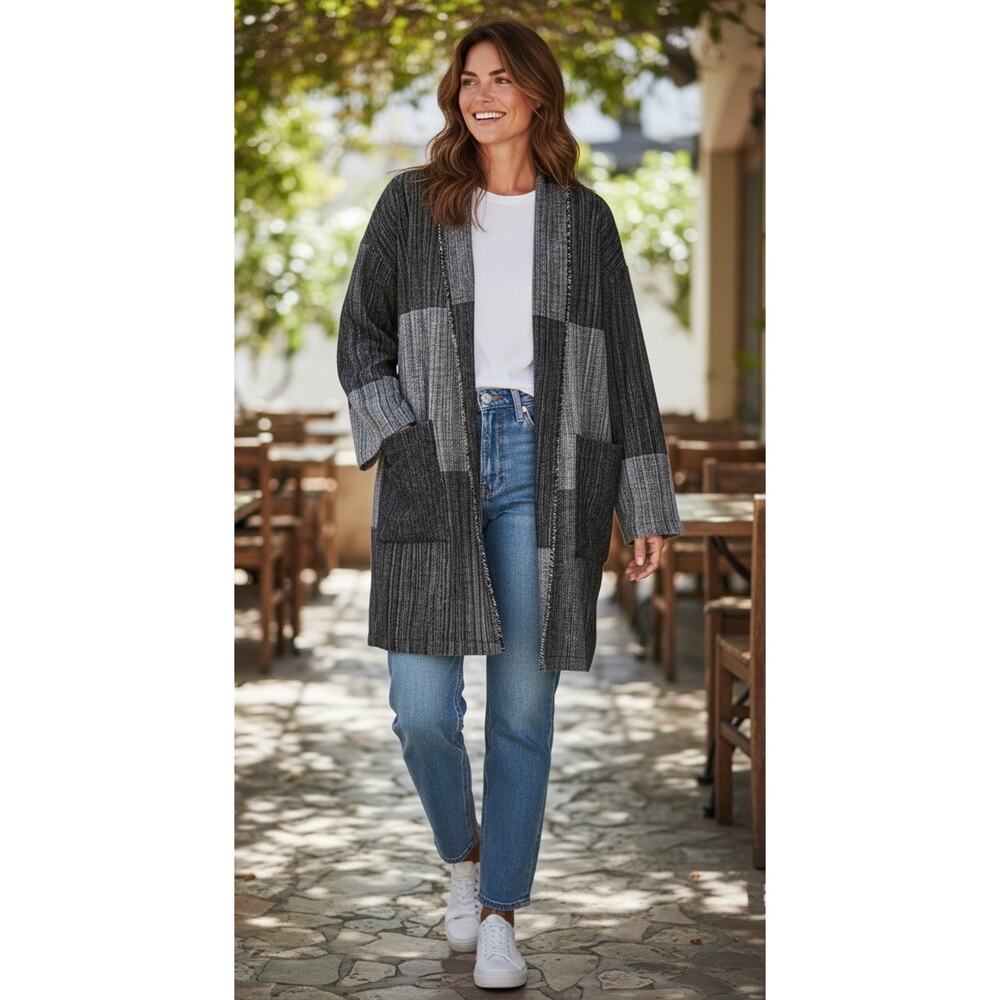 Eileen Fisher Size S/M Hazy Blocks Organic Cotton Shawl Collar Jacket Black